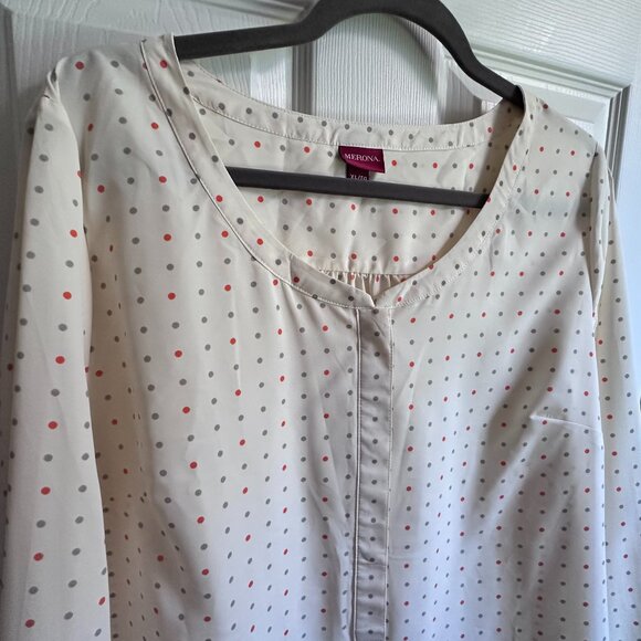 Merona Women's XL Cream w Gray & Orange Polka Dot Long Sleeve Collarless Blouse - Picture 3 of 9